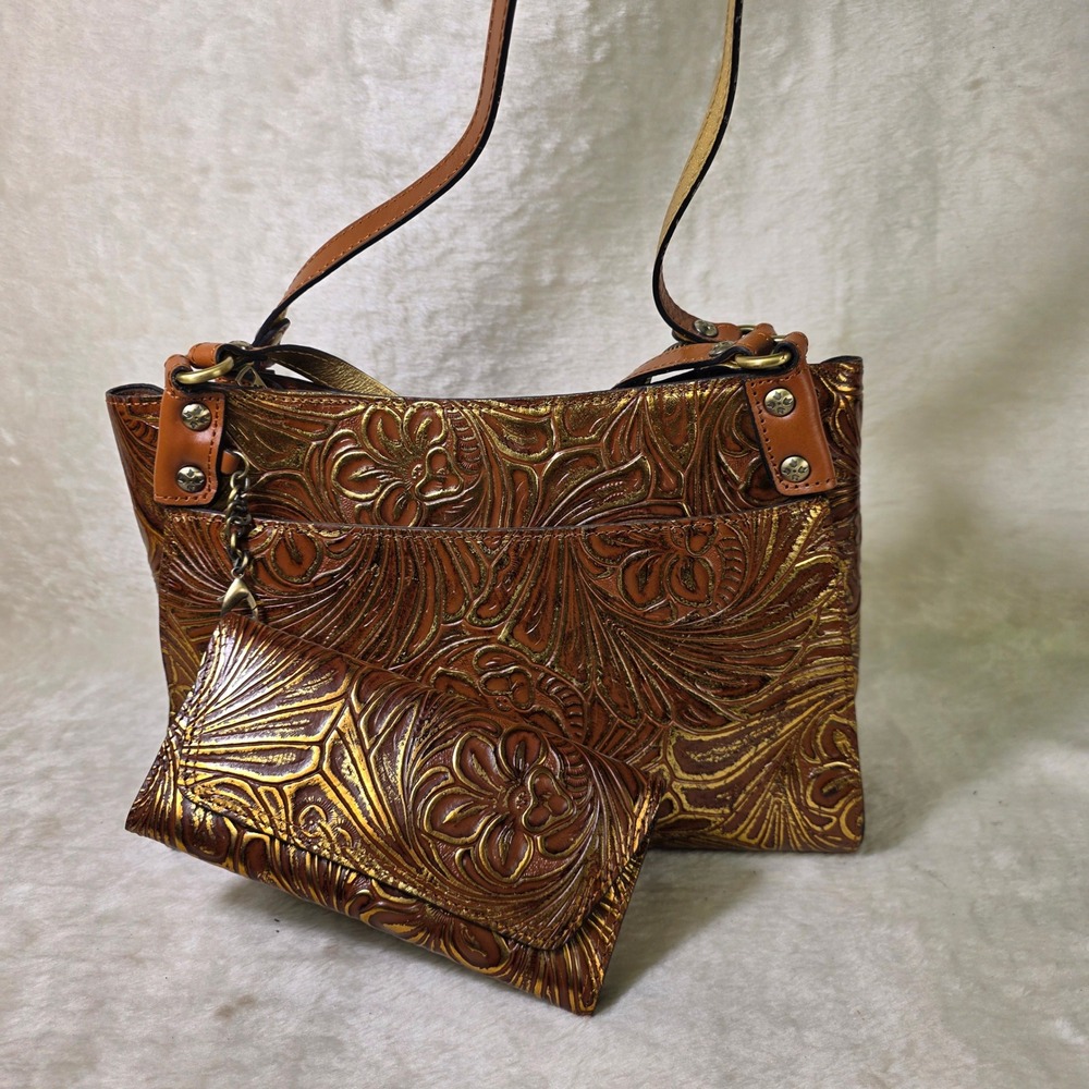 Patricia Nash Romina Purse & Wallet Gold Brown Tooled Leather Floral Satchel